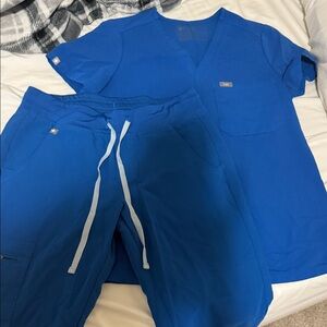 Figs Royal Blue V-Neck Scrub Top and Drawstring Pants